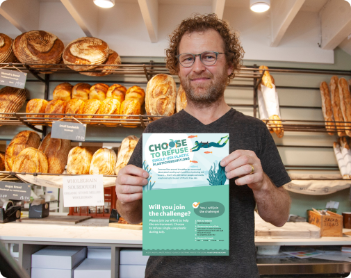Man in Wild Bakery promoting Choose to Refuse challenge